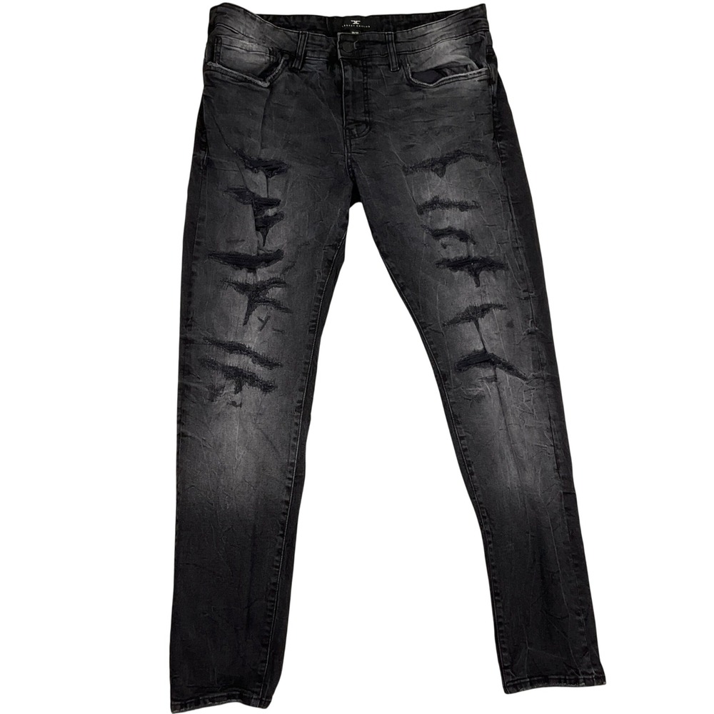 Jordan Craig Sean Jeans Men 36W 32L Black Distressed Crinkle Slim Fit Rock Denim